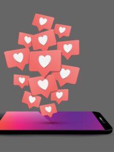 Mobile phone likes and comments 3d realistic illustration. Black smartphone perspective view, telephone with speech bubbles and hearts isometric clipart