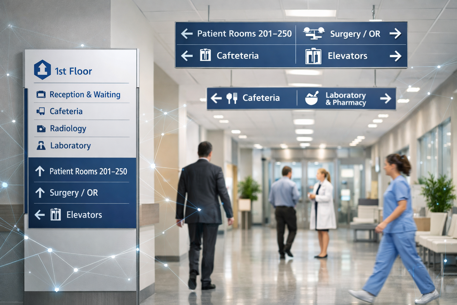Interior moderno de hospital com sistema padronizado de sinalização e wayfinding, placas direcionais claras, ambiente organizado e iluminado, pessoas circulando, comunicação visual eficiente e design minimalista.
