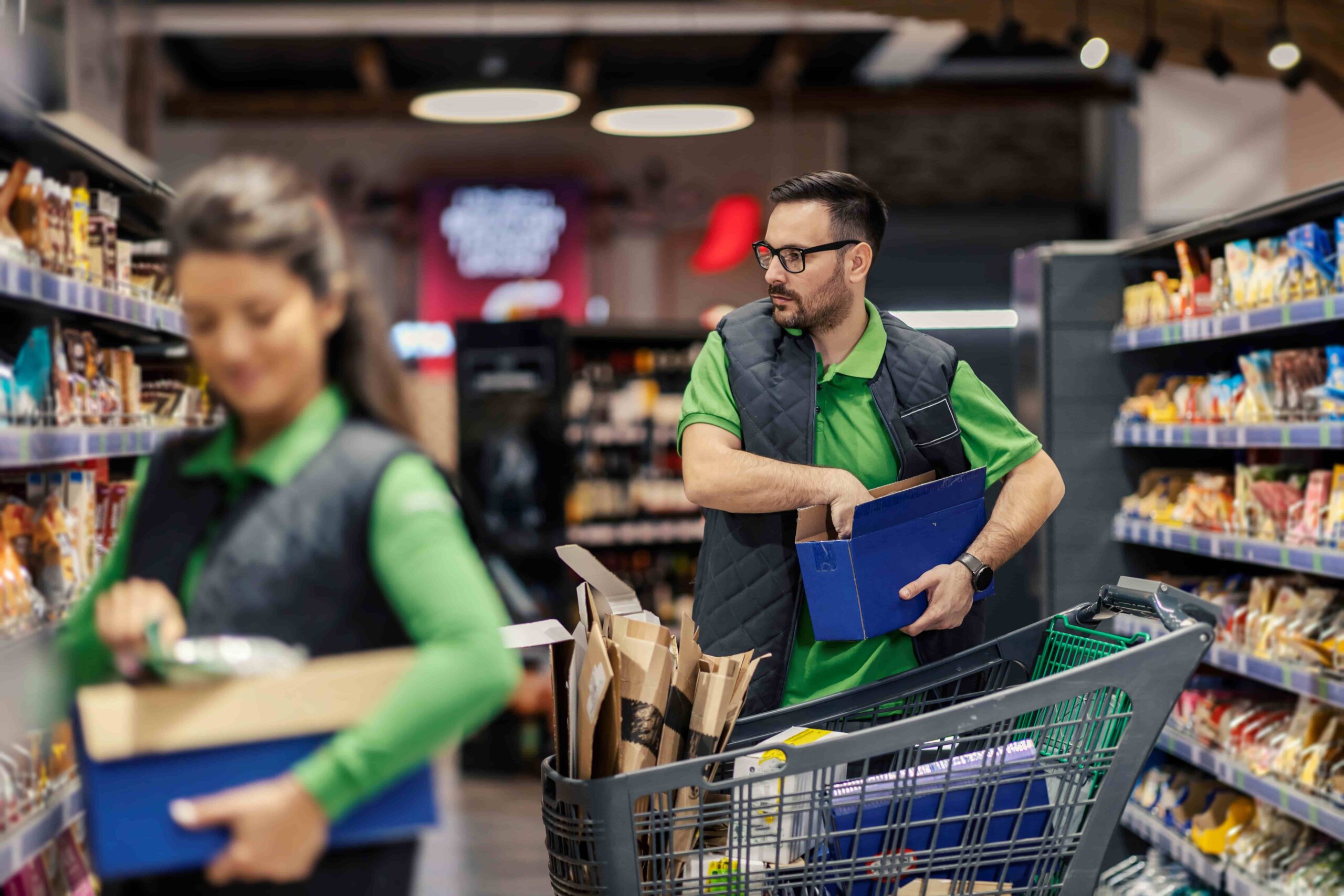 Trabalhadores em corredor de supermercado repondo prateleiras durante o fim da escala 6x1